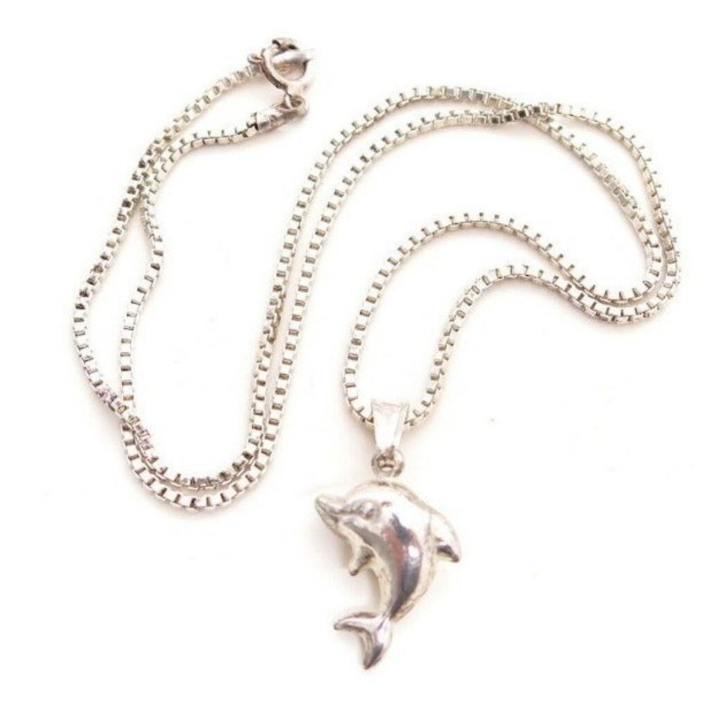 Sterling Puffy Dolphin Pendant & 16" Box‎ link Chain